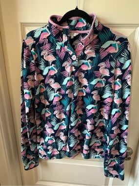 crown & ivy Pink Flamingo Print Button-Up Top with Teal Leaves